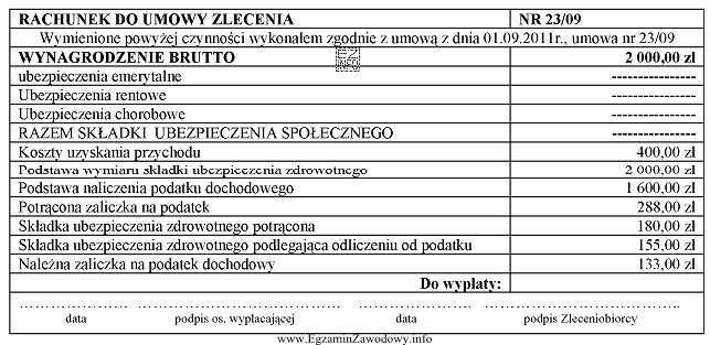 Na podstawie zamieszczonego fragmentu rachunku sporządzonego do umowy zlecenia, 
