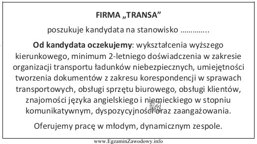 Na podstawie zamieszczonego fragmentu oferty wskaż, na jakie stanowisko firma 