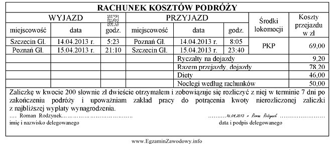 Na podstawie Rachunku kosztów podróży można stwierdzić, ż