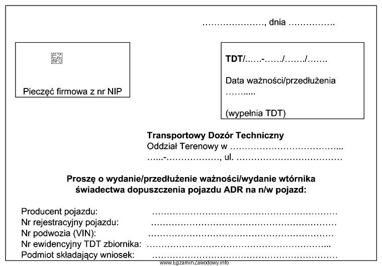 Na rysunku przedstawiono fragment wniosku o wydanie świadectwa dopuszczenia pojazdu 