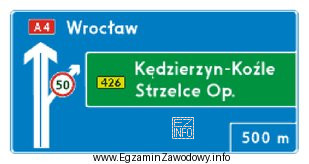 Oznaczenia na tablicy informacyjnej wskazują kierunek na autostradę i zjazd 