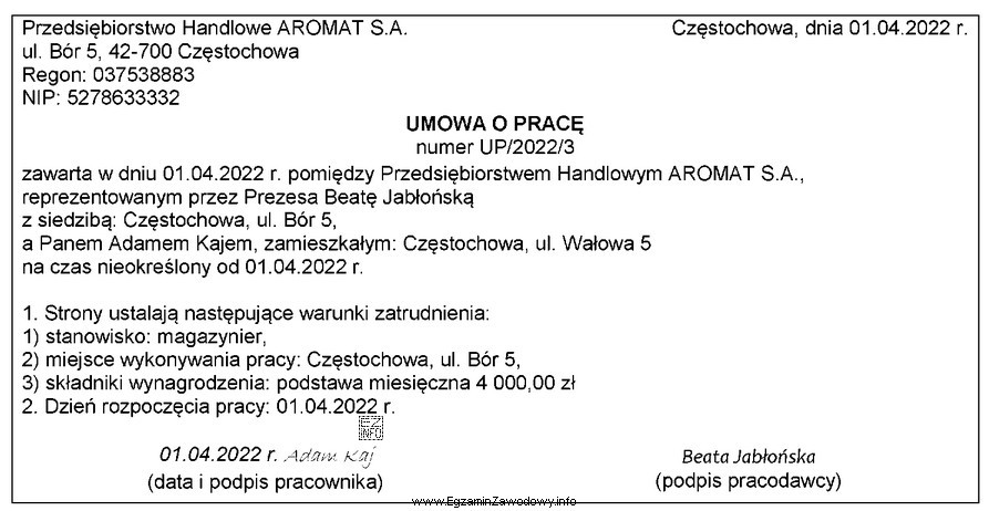 Którego elementu brakuje w zamieszczonej umowie o pracę, aby 