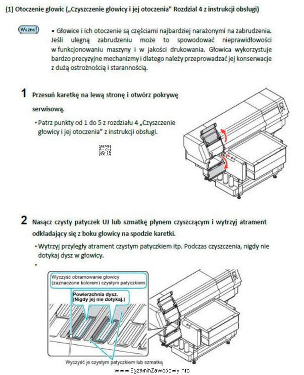 Fragment pokazanej na ilustracji dokumentacji technicznej plotera wielkoformatowego informuje operatora 