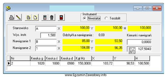 Przedstawione okno dialogowe z programu do obliczeń geodezyjnych, wskazuje na 