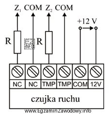 Na ilustracji przedstawiono schemat połączeń czujki ruchu. W jaki 