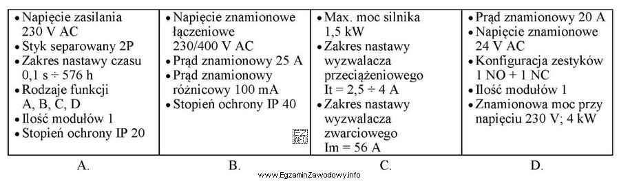 Które z przedstawionych parametrów dotyczą wyłącznika silnikowego?