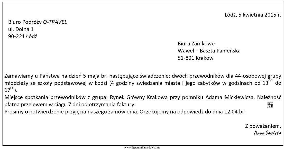 Który rodzaj usługi turystycznej zamawia Biuro Podróży 